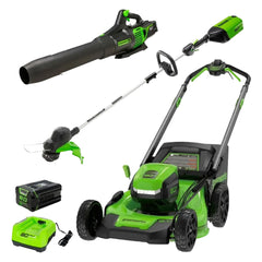 Greenworks 80V 21” Lawn Mower, 13” String Trimmer, and 730 Leaf Blower Nibeza Style
