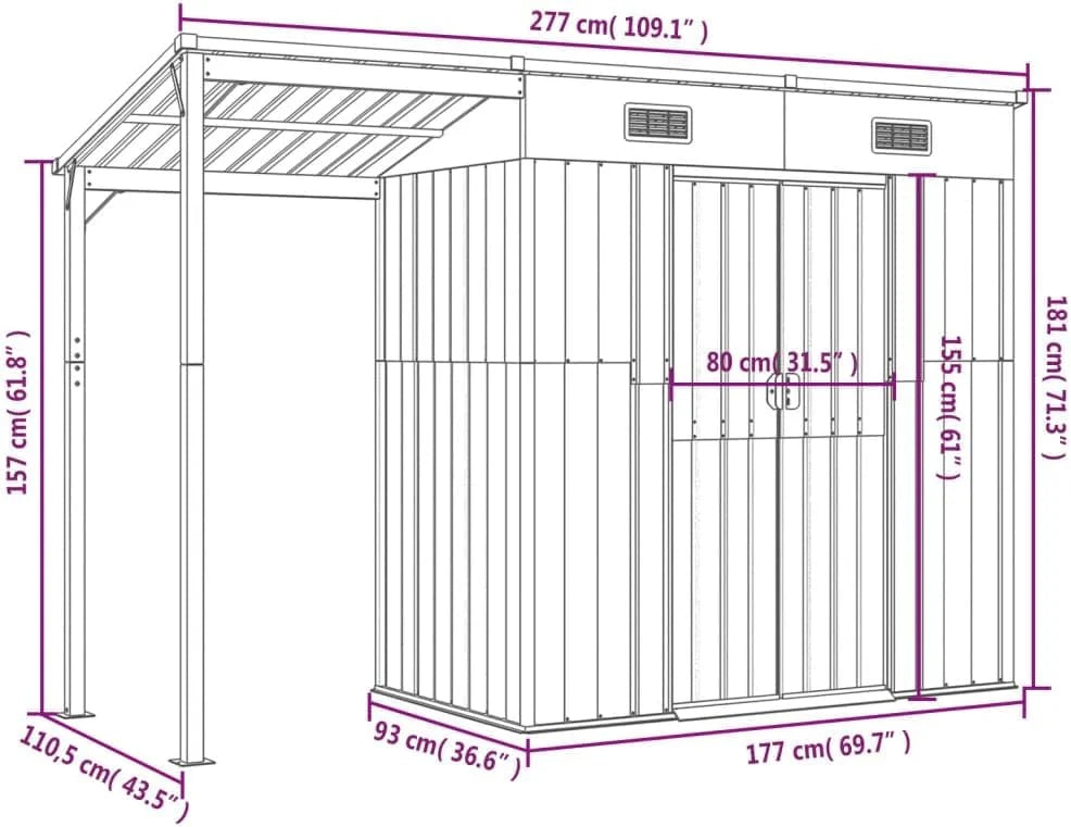 Garden shed with elongated roof, light grey, 277 x 110.5 x 181 cm Nibeza Style