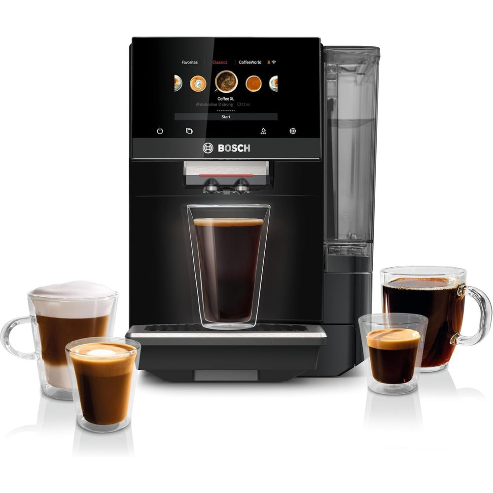 Bosch coffee machine with various cups of coffee on a white background