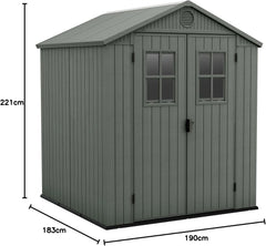 Keter Darwin Garden Shed 6 x 6, Wood Effect Finish, Sage Green, 3.30 m², 190 x 183 x 221 H cm Nibeza Style