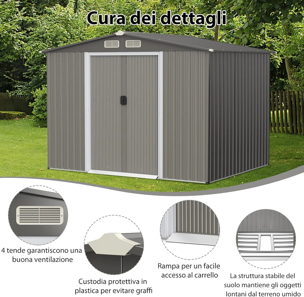 Garden Shed 260 x 207 x 181 cm Outdoor Sheds with 4 Shutters Nibeza Style