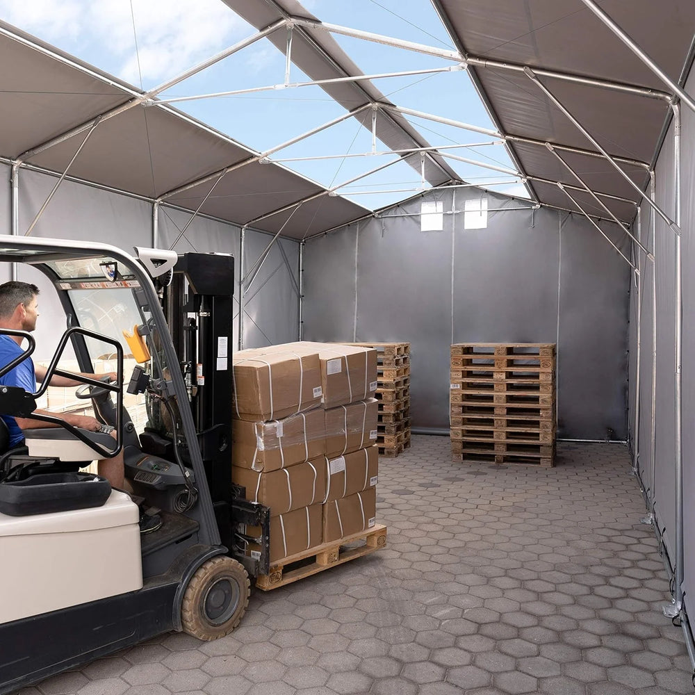 4x6m storage tent, 3.0m high, hinged door, PVC 850, grey, no static Nibeza Style