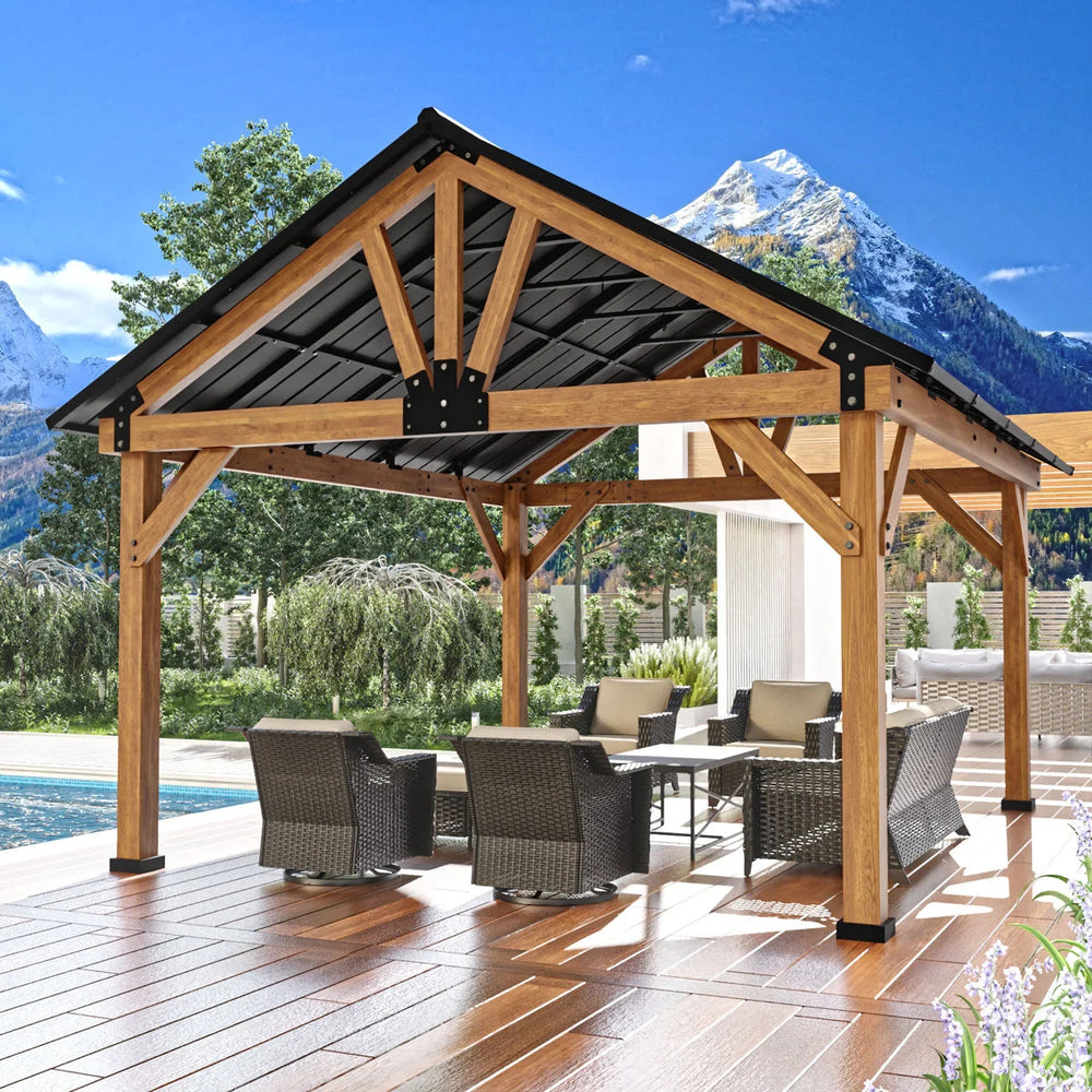 JOYSIDE 15 ft. x 13 ft. Solid Cedar Wood Outdoor Patio Hardtop Gazebo Nibeza Style