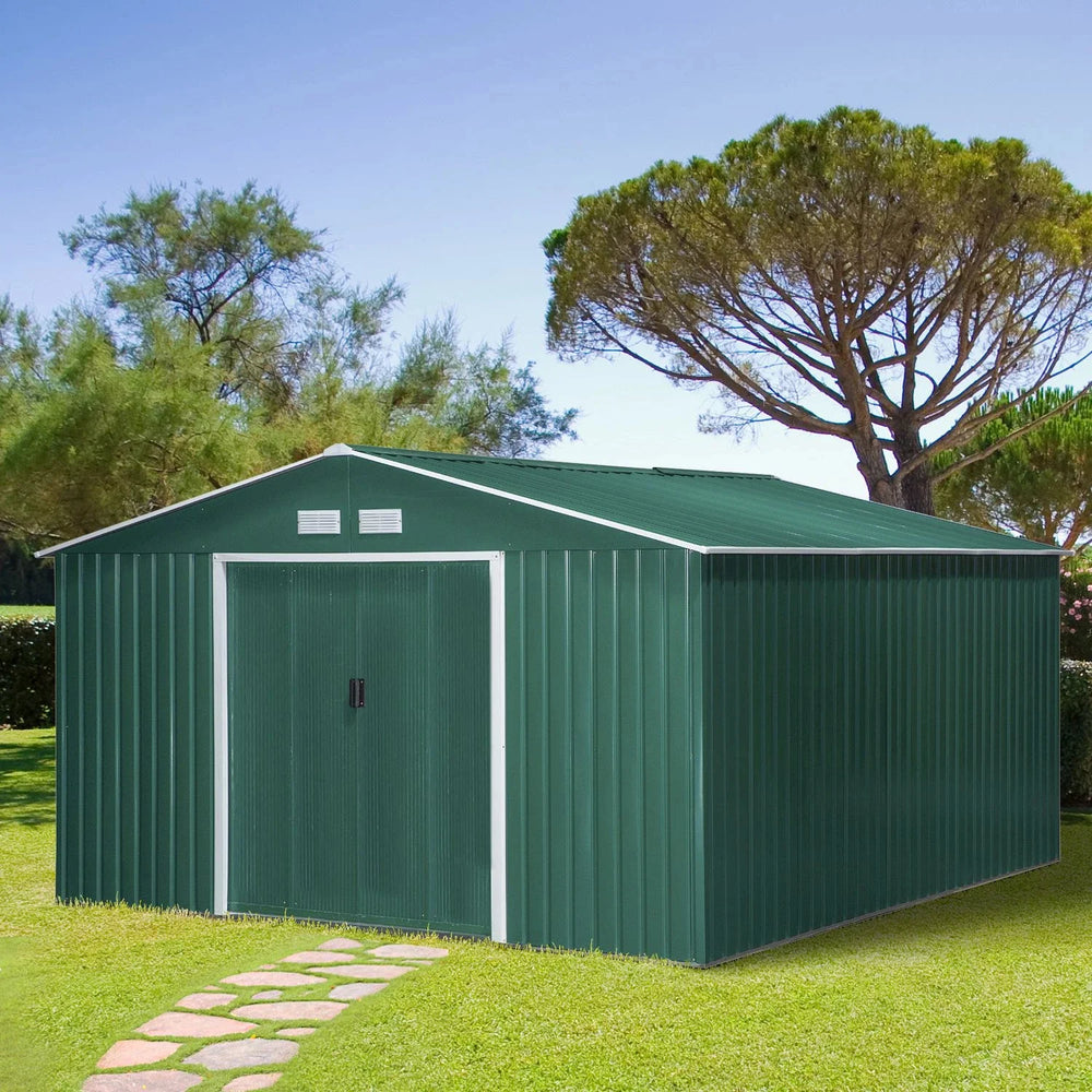 Outsunny Garden Shed with 2 Sliding Doors and 4 Steel Vents, 340x386x200cm, Green Nibeza Style