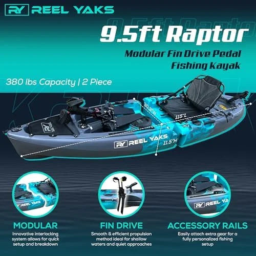 Reel Yaks Raptor Modular Fishing Kayak – 9.5ft Lightweight Sit On Top Kayak for Adults & Youth – Stable & Portable, Ideal Space-Saving Design for Travel – 380lbs Capacity Nibeza Style
