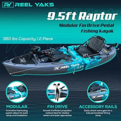 Reel Yaks Raptor Modular Fishing Kayak – 9.5ft Lightweight Sit On Top Kayak for Adults & Youth – Stable & Portable, Ideal Space-Saving Design for Travel – 380lbs Capacity Nibeza Style