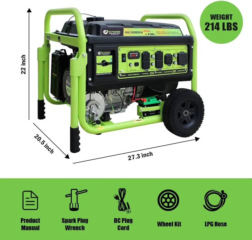13,000W Dual Fuel Portable Generator, Powered by Gas or Propane, Electric Start, Home Backup & RV Ready Nibeza Style