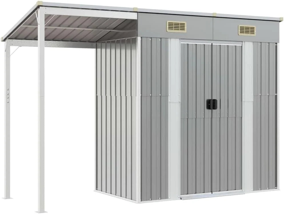 Garden shed with elongated roof, light grey, 277 x 110.5 x 181 cm Nibeza Style