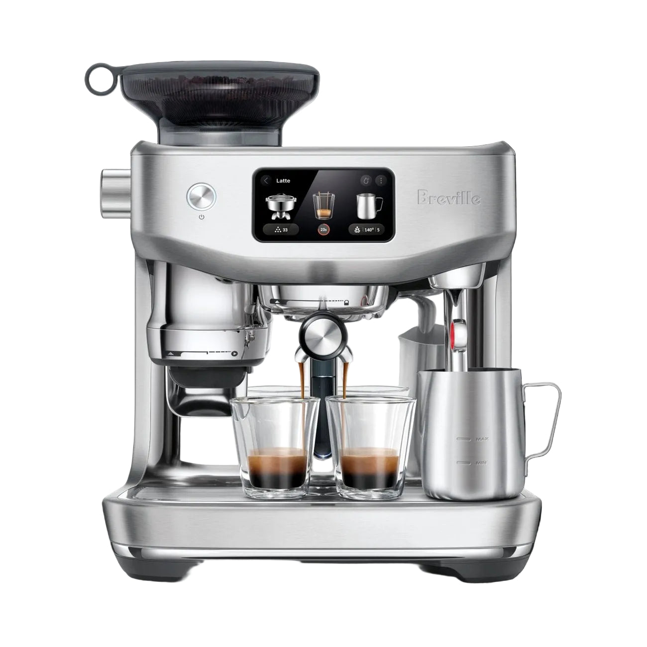 Breville coffee machine with two glasses of coffee on a black background