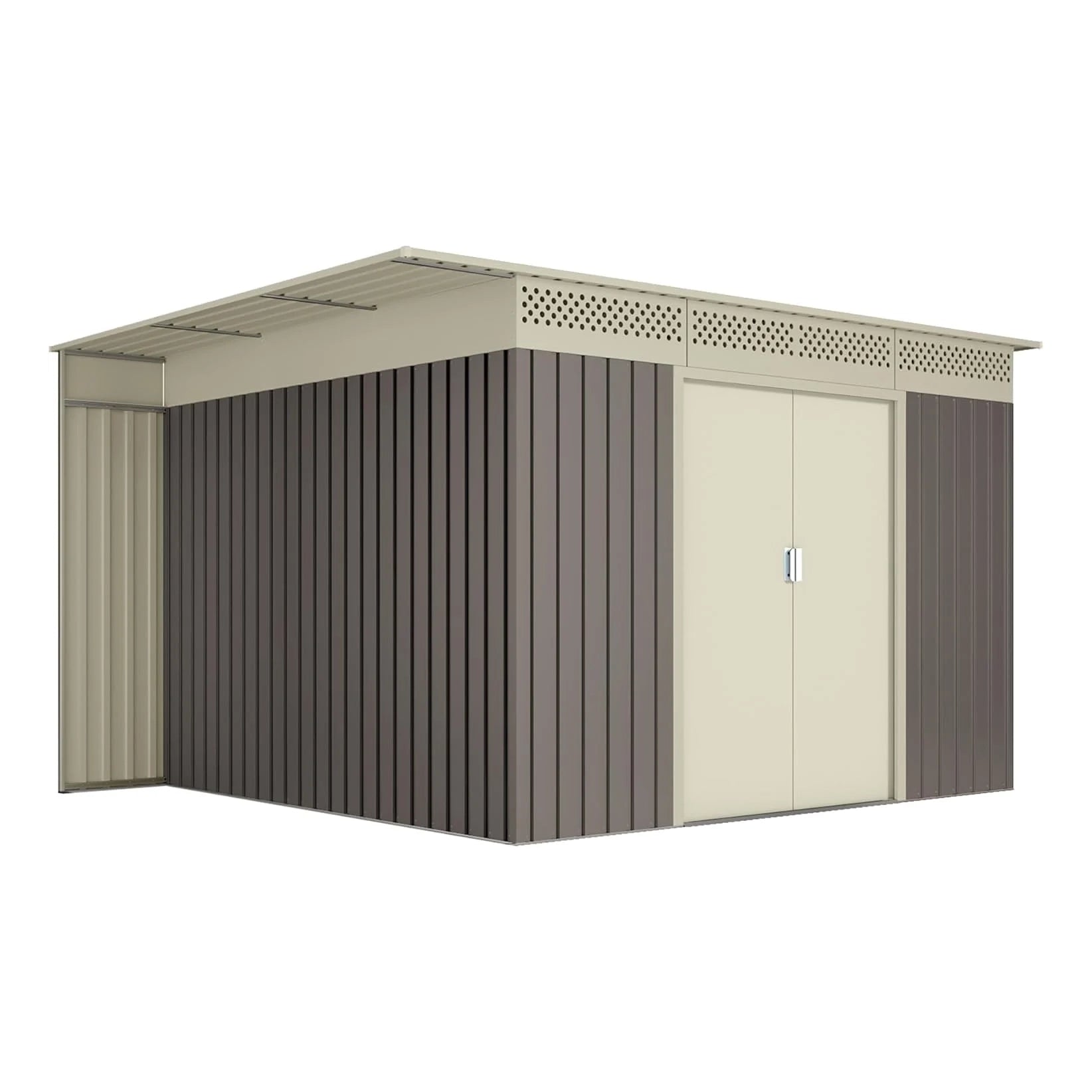 Okoru Hoggar Grey/Beige Metal Storage Shed 8.96m2 - 269x333x189cm. Garden Terrace Shed Nibeza Style
