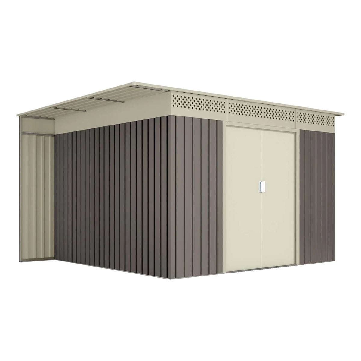 Okoru Hoggar Grey/Beige Metal Storage Shed 8.96m2 - 269x333x189cm. Garden Terrace Shed Nibeza Style