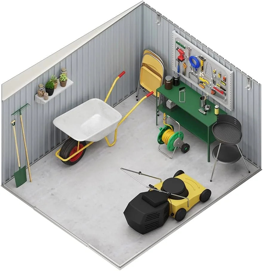 Okoru Hoggar Grey/Beige Metal Storage Shed 8.96m2 - 269x333x189cm. Garden Terrace Shed Nibeza Style