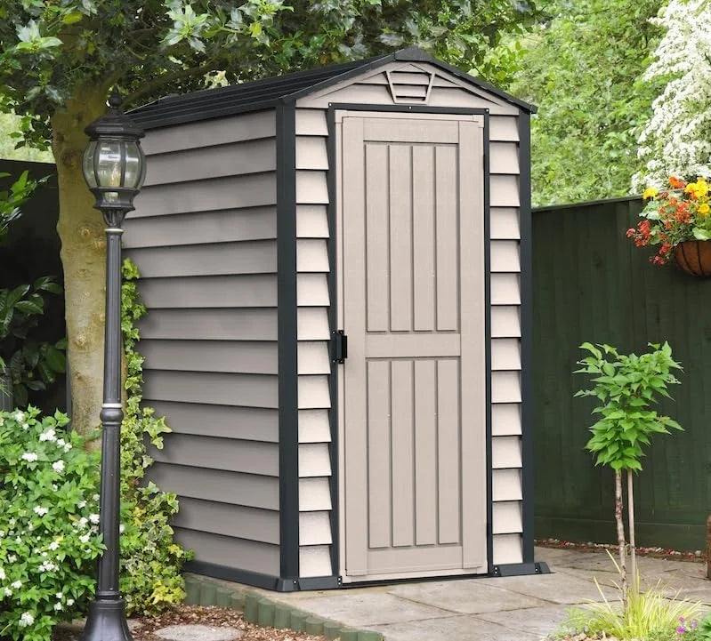 Duramax EverMore 4 x 6ft Plastic Garden Shed – Adobe & Grey – Fire Retardant & All Season Outdoor Storage Solution – Includes Plastic Floor, Dark Grey and Adobe Nibeza Style