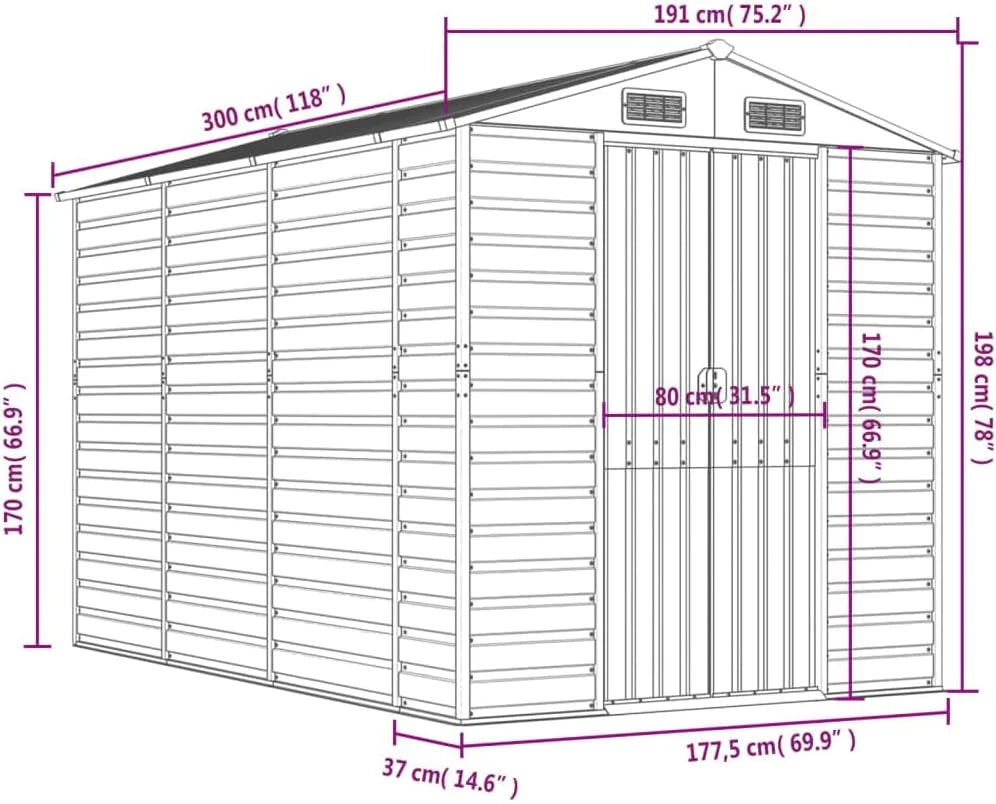 VIDAXL Garden Shed Anthracite 191x300x198 cm Galvanized Steel Nibeza Style