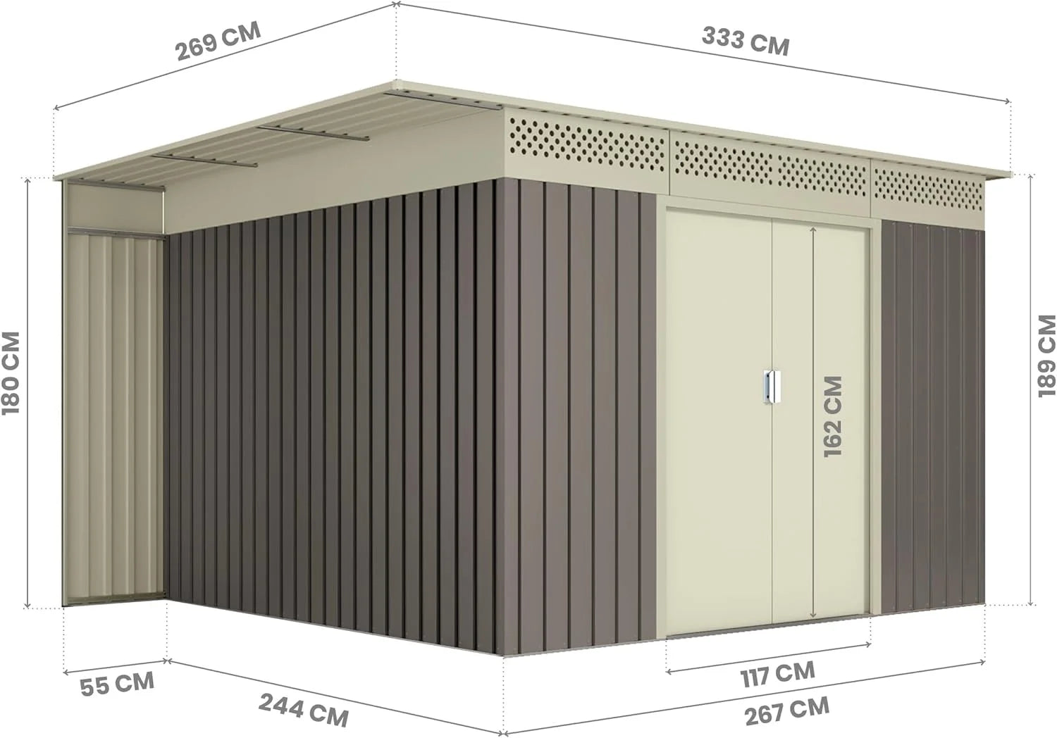 Okoru Hoggar Grey/Beige Metal Storage Shed 8.96m2 - 269x333x189cm. Garden Terrace Shed Nibeza Style
