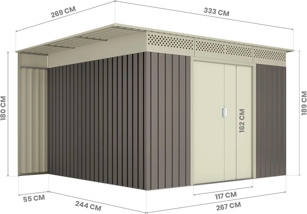 Okoru Hoggar Grey/Beige Metal Storage Shed 8.96m2 - 269x333x189cm. Garden Terrace Shed Nibeza Style