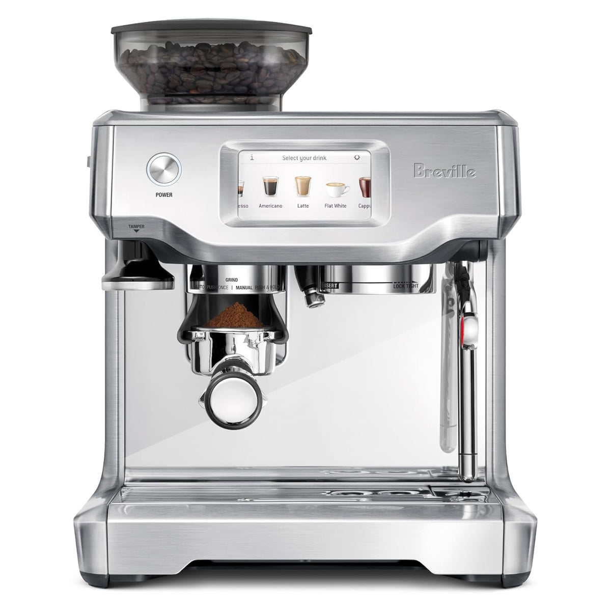 Breville coffee machine with digital display on a white background