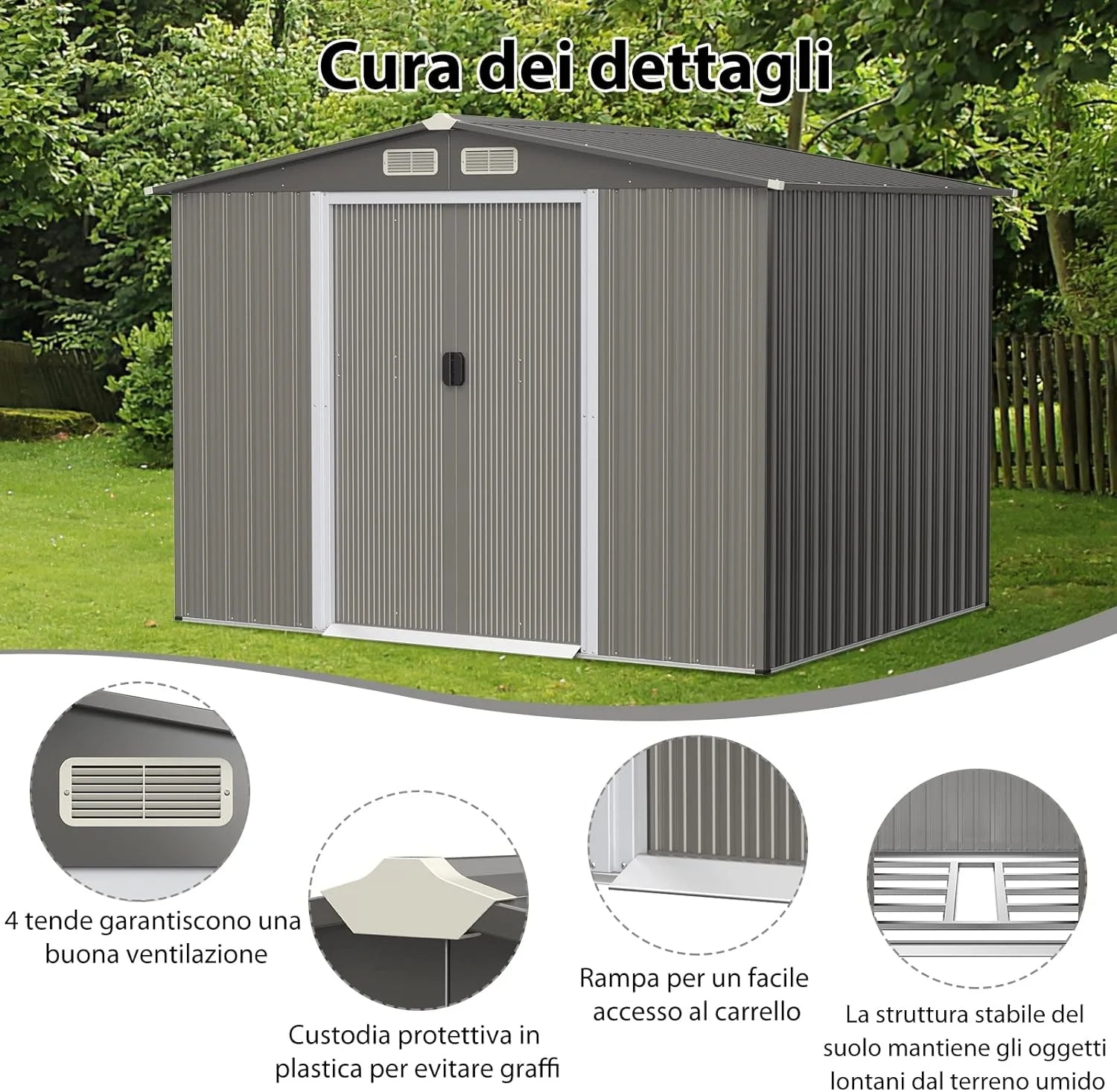 Garden Shed 260 x 207 x 181 cm Outdoor Sheds with 4 Shutters Nibeza Style
