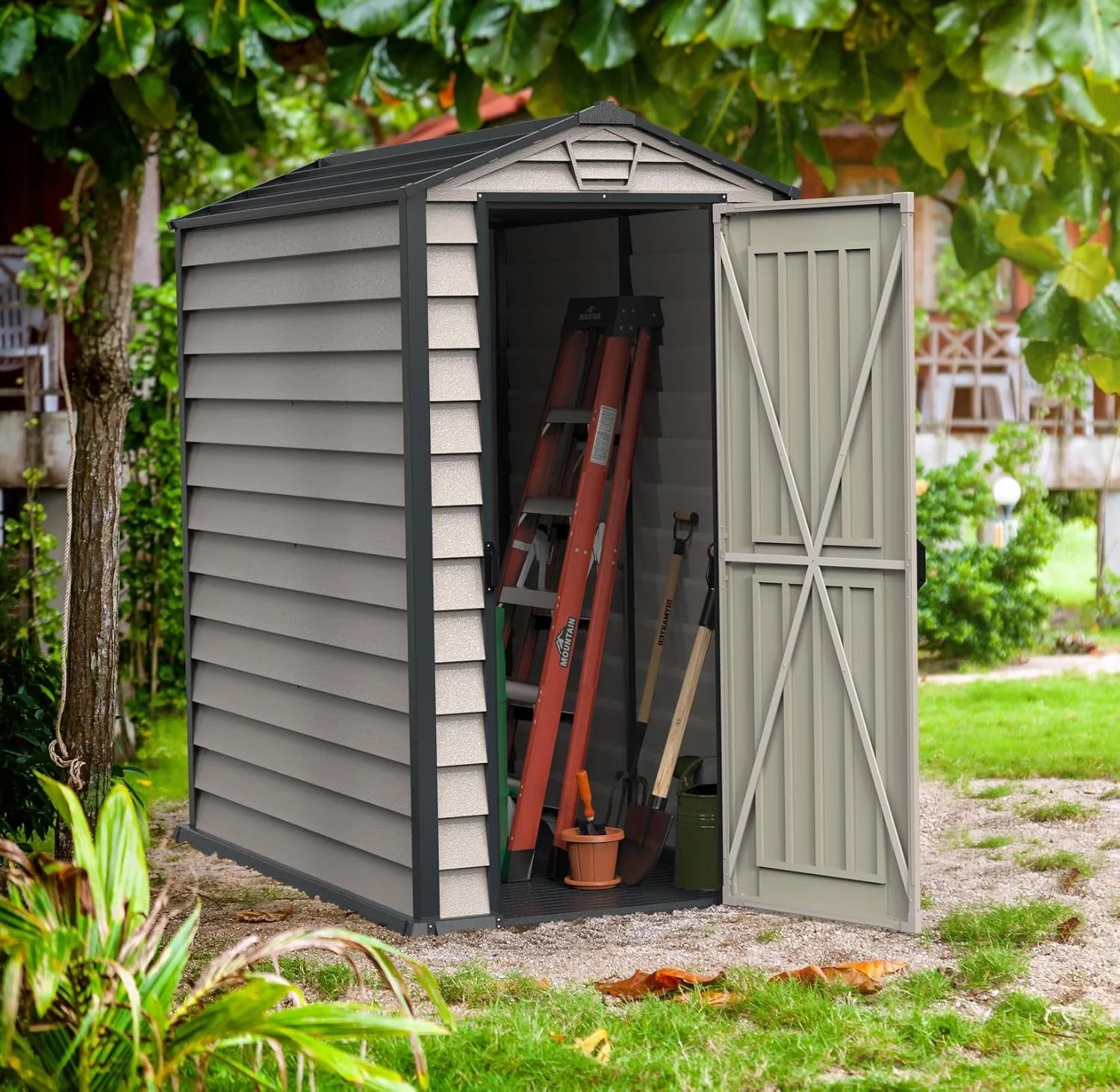 Duramax EverMore 4 x 6ft Plastic Garden Shed – Adobe & Grey – Fire Retardant & All Season Outdoor Storage Solution – Includes Plastic Floor, Dark Grey and Adobe Nibeza Style