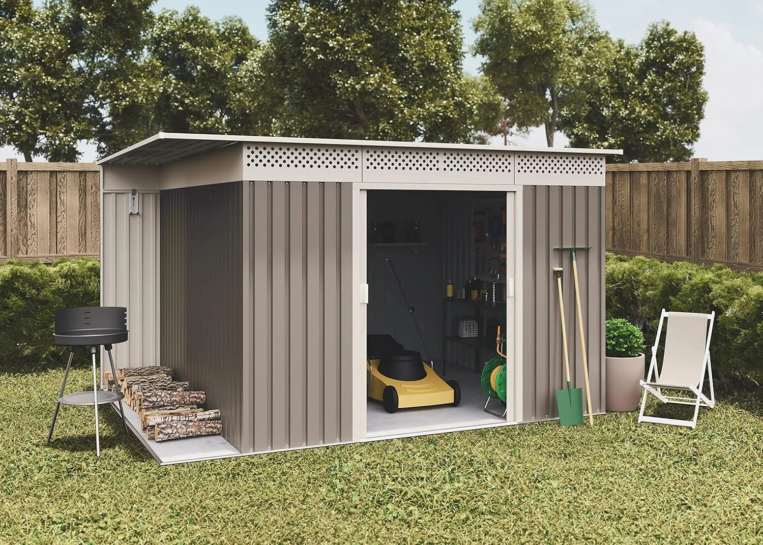 Okoru Hoggar Grey/Beige Metal Storage Shed 8.96m2 - 269x333x189cm. Garden Terrace Shed Nibeza Style