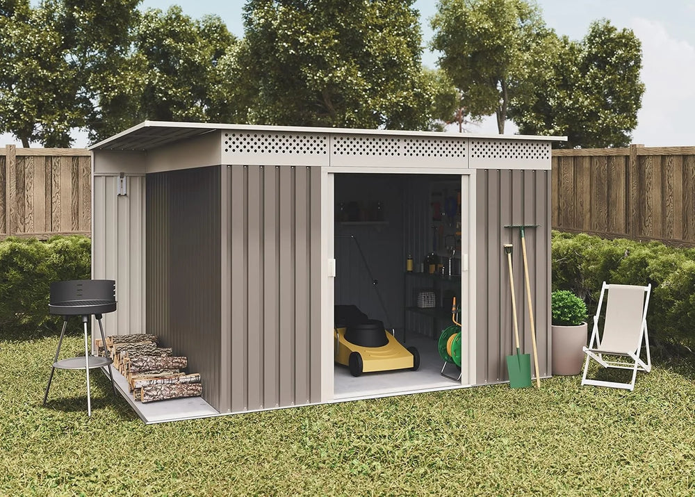 Okoru Hoggar Grey/Beige Metal Storage Shed 8.96m2 - 269x333x189cm. Garden Terrace Shed Nibeza Style