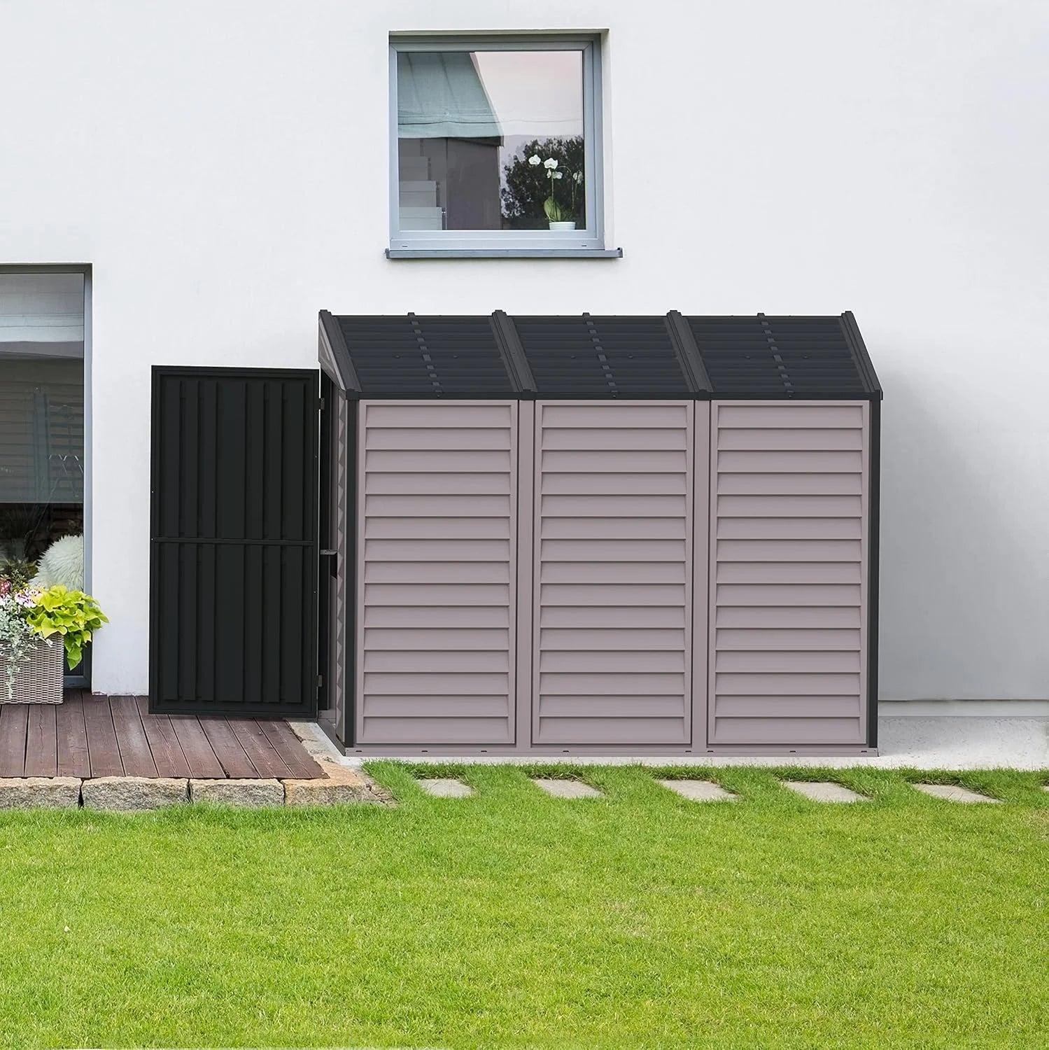 Duramax SideMate 4 x 8 PLUS Plastic Garden Shed with Metal Foundation Kit, Dark Grey Nibeza Style