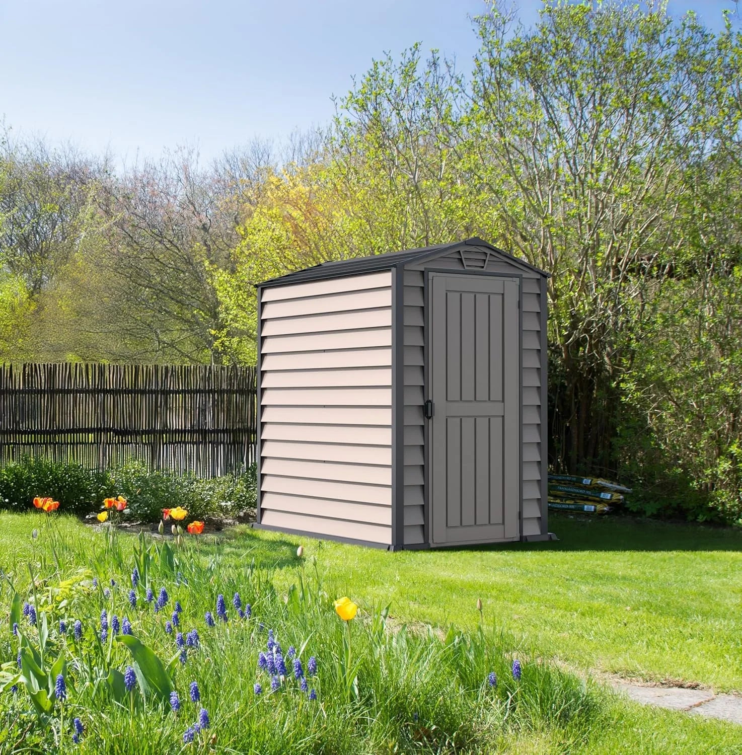 Duramax EverMore 4 x 6ft Plastic Garden Shed – Adobe & Grey – Fire Retardant & All Season Outdoor Storage Solution – Includes Plastic Floor, Dark Grey and Adobe Nibeza Style