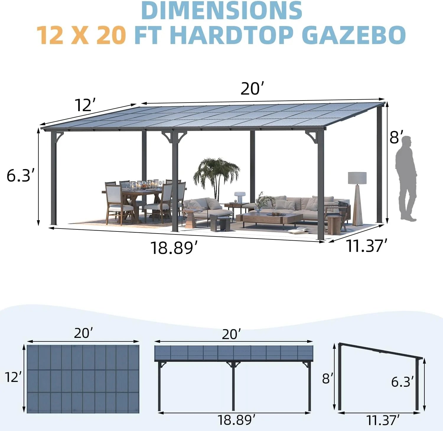 Aecojoy 20’x12′ Wall Mounted Gazebos Pergola Nibeza Style