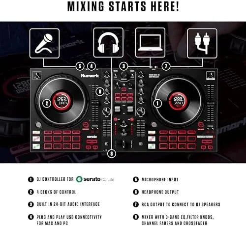 Numark Mixtrack Platinum FX Serato DJ Controller with Jog Wheel Displays, 4 Decks, Mixer, Effects Paddles and (Audio Interface) Nibeza Style