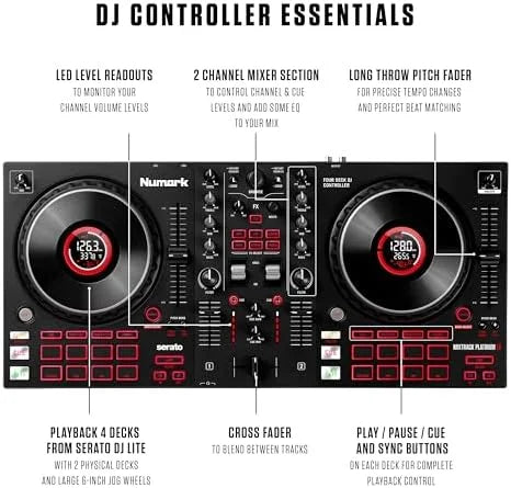 Numark Mixtrack Platinum FX Serato DJ Controller with Jog Wheel Displays, 4 Decks, Mixer, Effects Paddles and (Audio Interface) Nibeza Style
