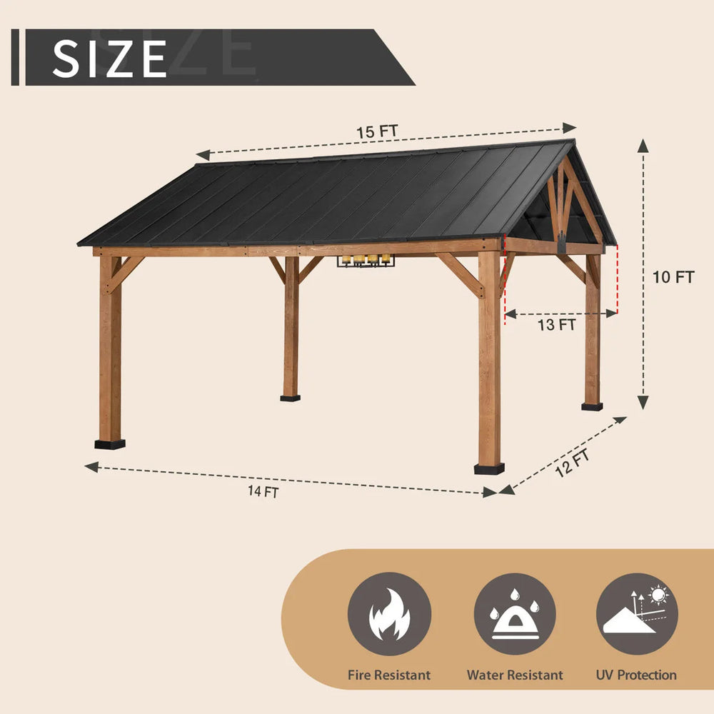 JOYSIDE 15 ft. x 13 ft. Solid Cedar Wood Outdoor Patio Hardtop Gazebo Nibeza Style