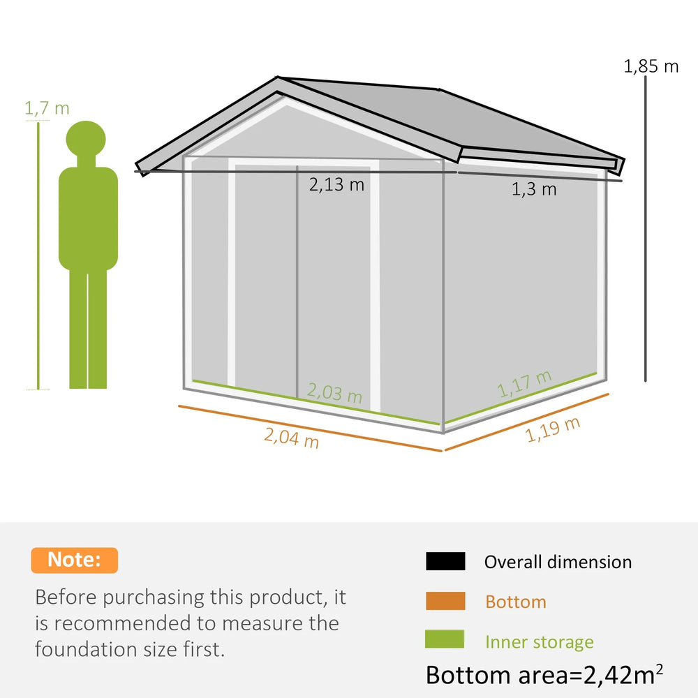 Outsunny 2 x 1 m Steel Shed Outdoor Garden Shed Large Patio Roofed Tool Metal Storage Building Foundation Sheds Nibeza Style