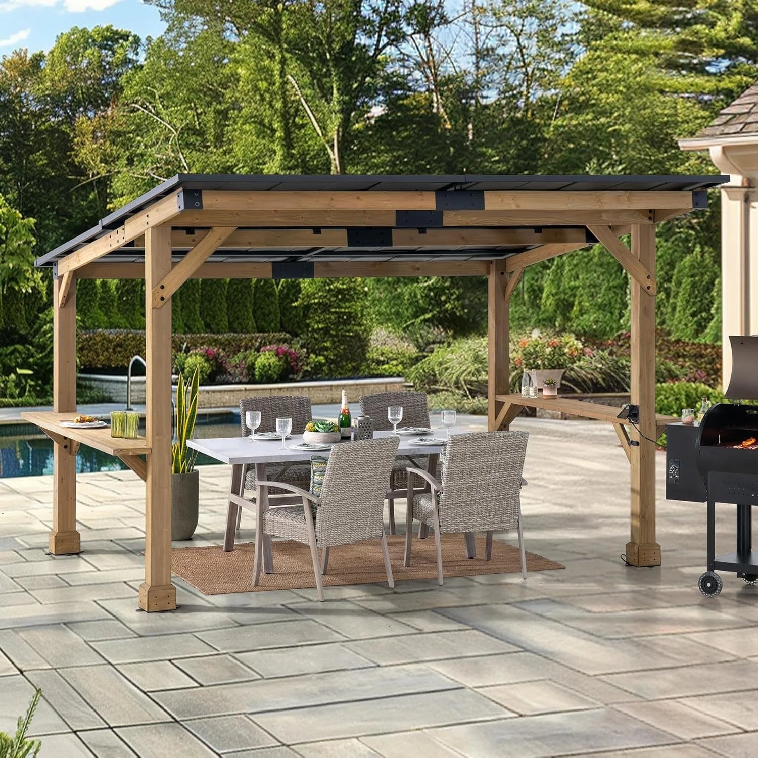 SUNJOY 10 ft. x 12 ft. Matte Black Cedar Framed Wooden Gazebo Nibeza Style