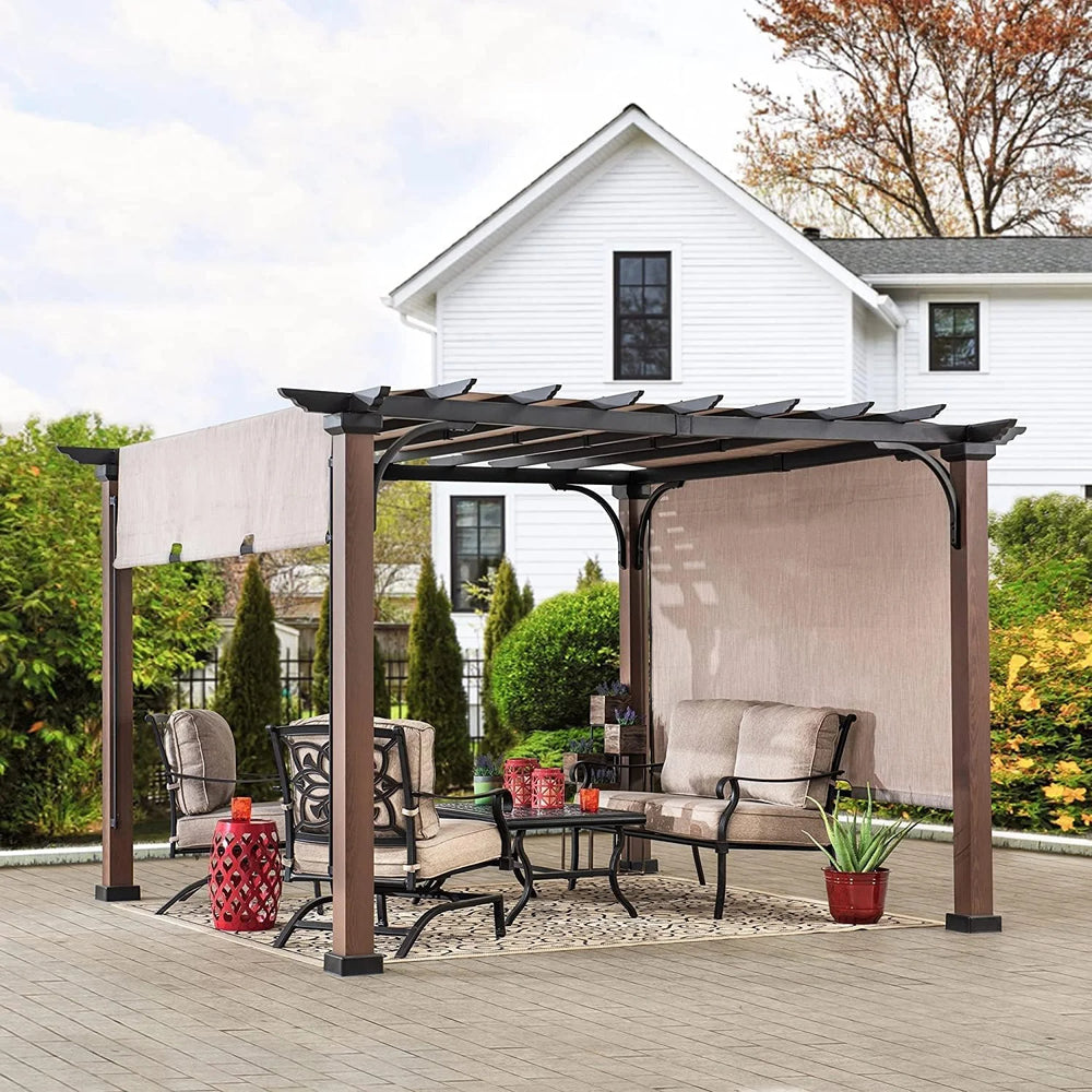 Sunjoy 11 x 11 ft Metal Pergola with Adjustable Tan Garden Shade Nibeza Style