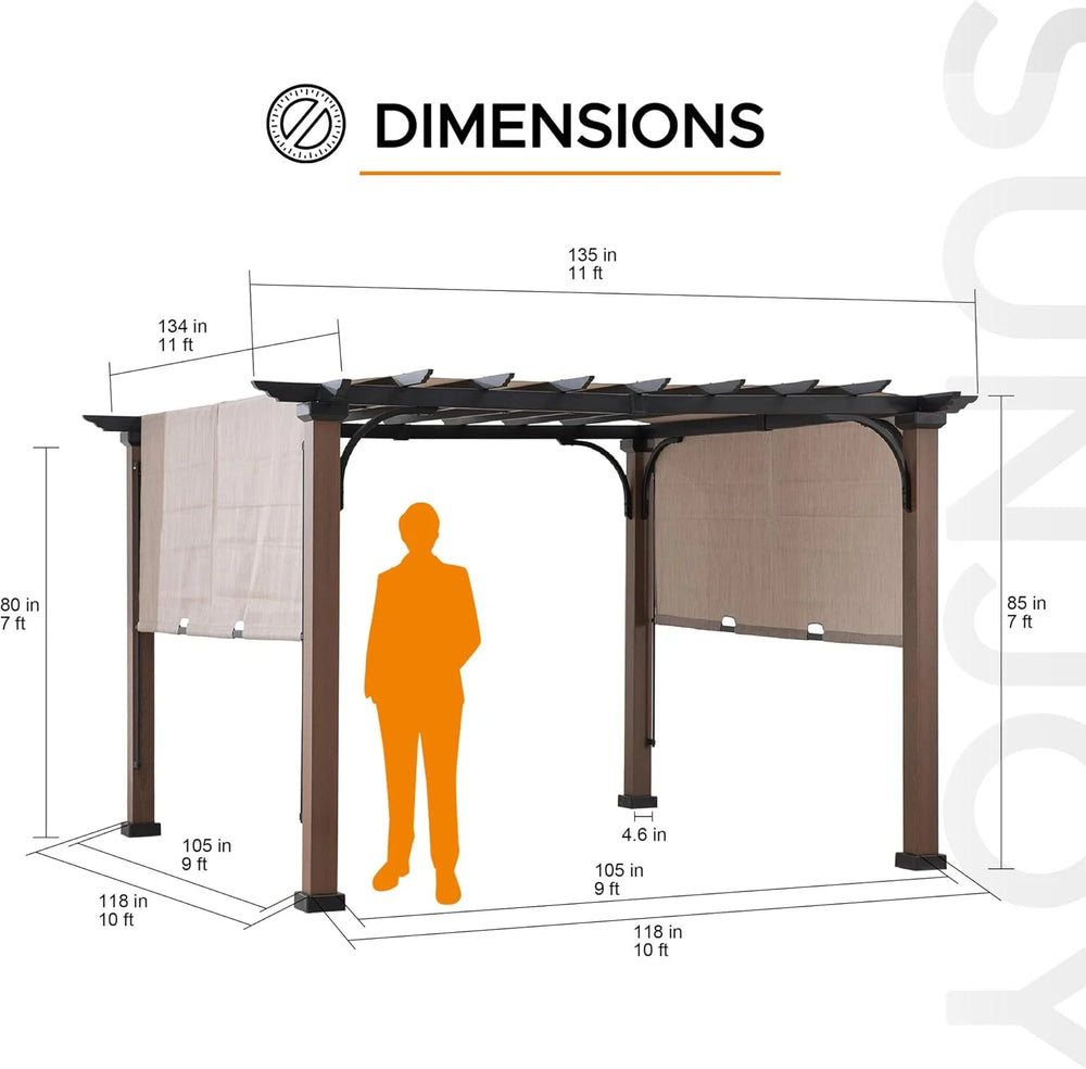 Sunjoy 11 x 11 ft Metal Pergola with Adjustable Tan Garden Shade Nibeza Style