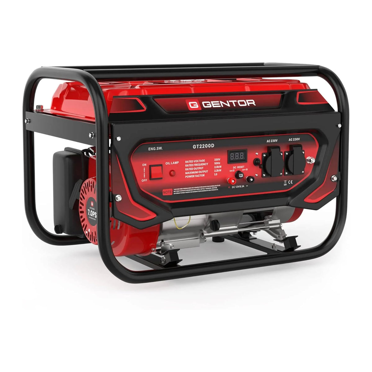 GENTOR Noodstroom Generator, Petrol, 2200 W, 7.0 pcs, 4-stroke engine, 2 x 230 V, 1 x 12 V, Pull start, for camping Nibeza Style