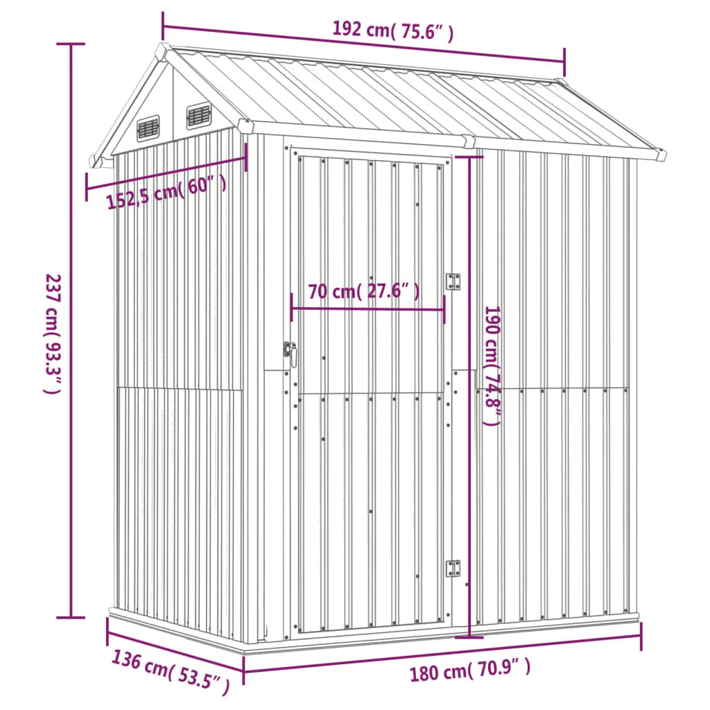 Vidaxl Garden Shed 192×152.5x237cm Galvanized Steel Nibeza Style