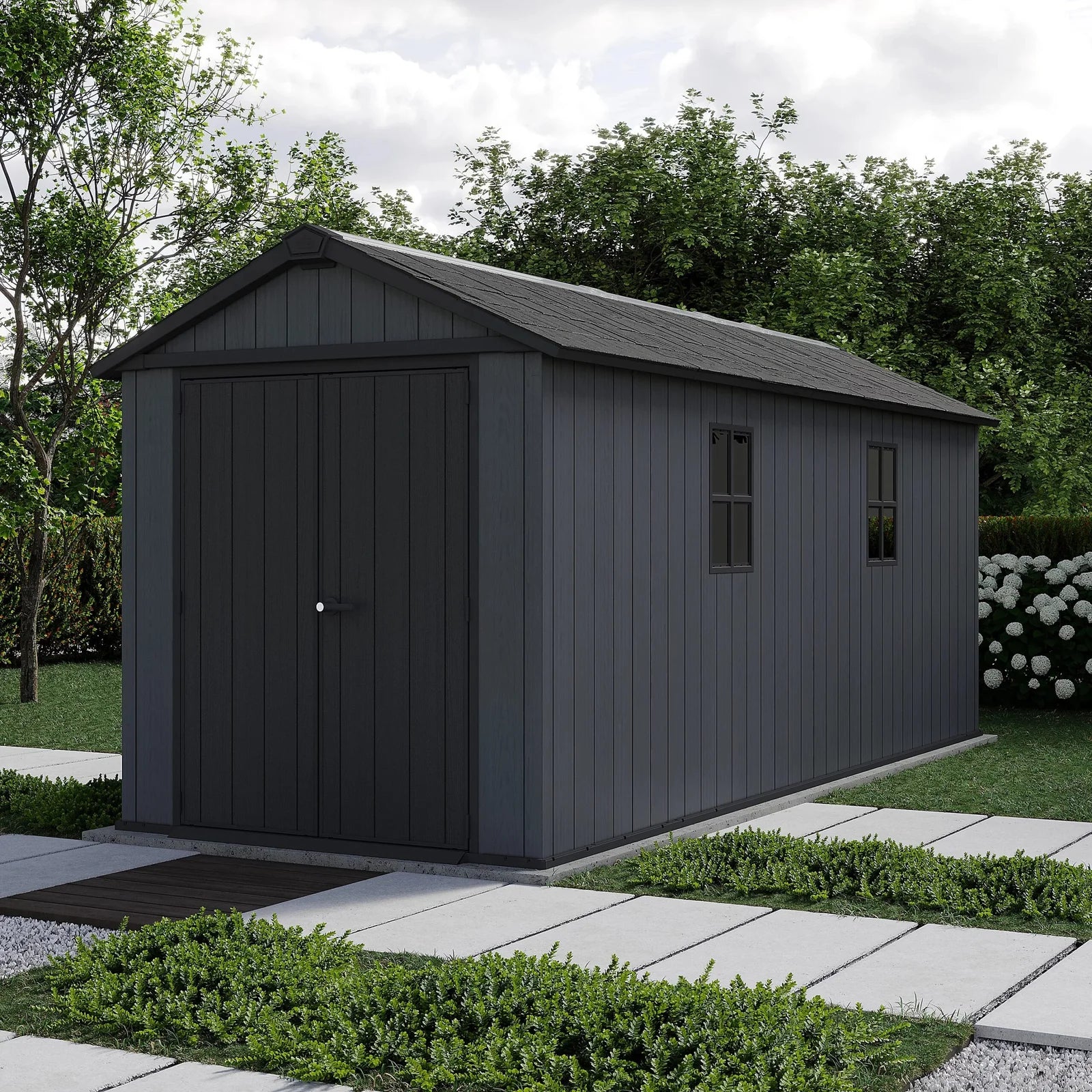 Keter Newton Plus 17X7.5 Ft Apex Grey Plastic 2 Door Shed With Floor & 2 Windows Nibeza Style